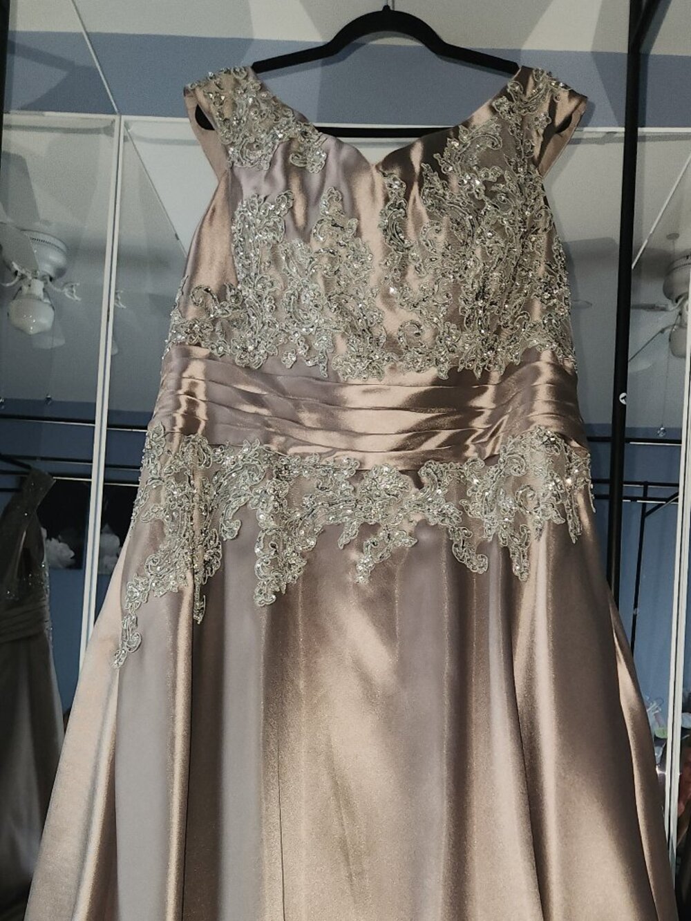 Jade Couture Taupe Satin Beaded Embroidered V-Neck Long Gown Dress 24